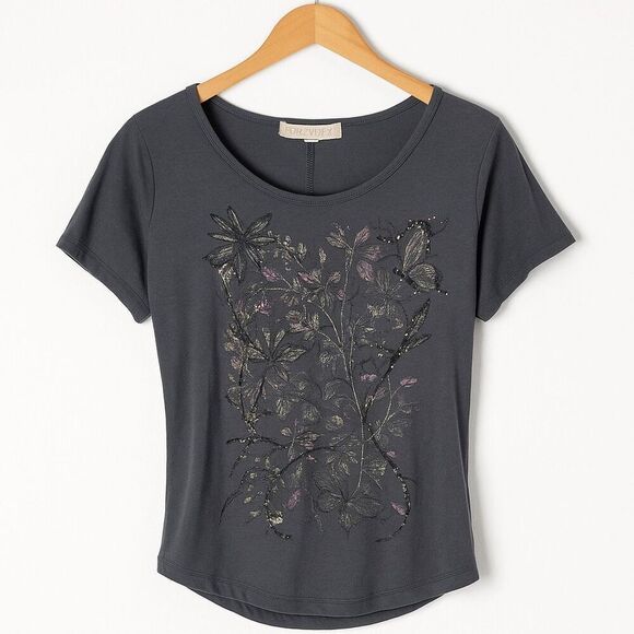 Forever 21 Gray Floral Beaded Cutout Back T-Shirt SZ M - Picture 3 of 5